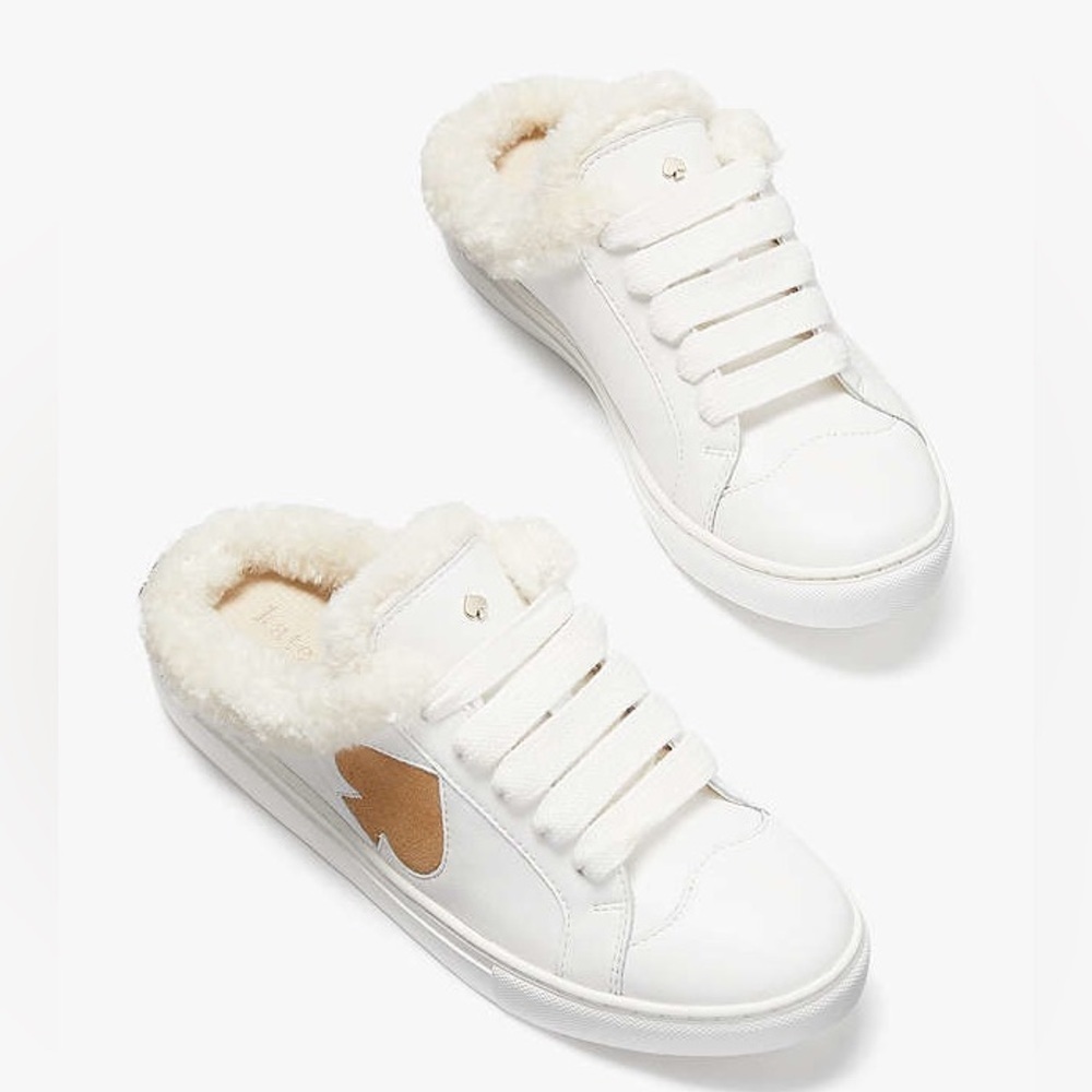 Kate Spade Fez Winter Mule Sneakers - White and Tan Slip-On Sz 6.5